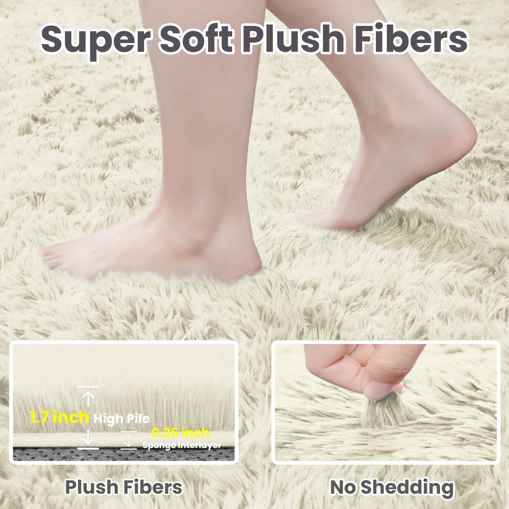 4x6 Fluffy Shag Area Rugs for Living Room Bedroom: Soft Carpet Cream White