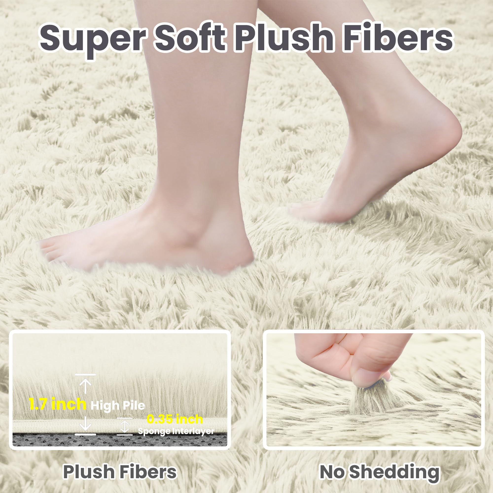 4x6 Fluffy Shag Area Rugs for Living Room Bedroom: Soft Carpet Cream White