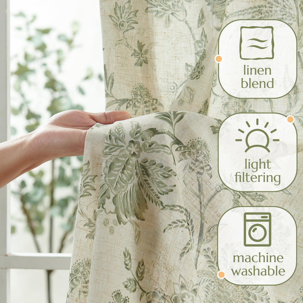 jinchan Linen Floral Curtains for Living Room with Printed Flower 90 Inches Long Light Filtering French Country Back Tab Rod Pocket Sage Green Window Curtain Set Farmhouse Drapes 2 Panels