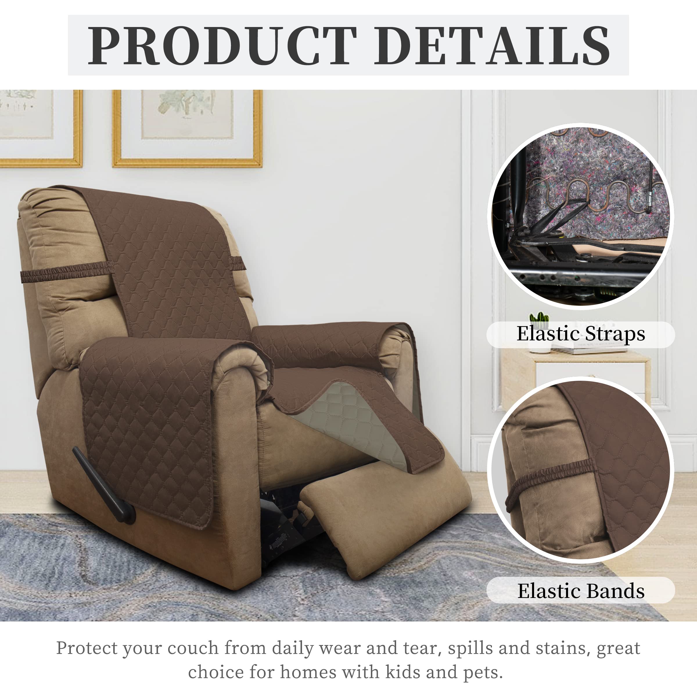 ISSUNTEX Double Protection 100% Waterproof Recliner Covers for Living Room, Reversible Furniture Protector Recliner Couch Sofa Slipcover for Dogs, Pets, Kids (Recliner, Brown/Beige)