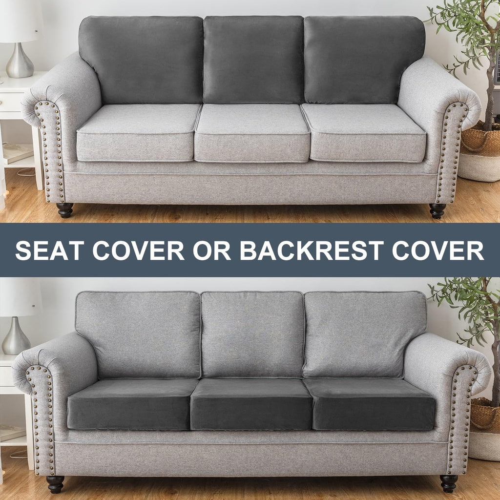 Taque Couch Cover Stretch Velvet Sofa Cushion Cover 3-Piece - Elastic Washable Slipcover for Seat or Backrest, Couch Seat Covers for Sofas (Grey)
