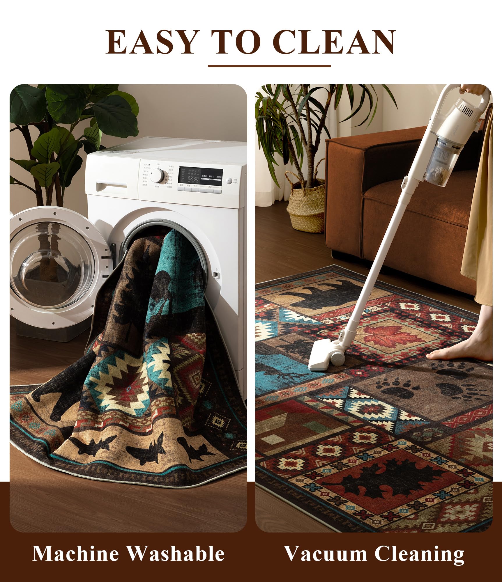 Rustic Cabin Runner Rug 2x8 Indoor Door Mat - Bear Non-Slip Entryway Runner Rug, Low Pile Tribal Print for Kitchen, Bedroom