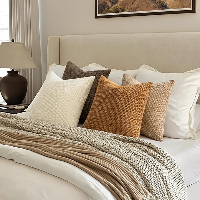 MIULEE Soft Decorative Chenille Fall Pillow Covers Brown 18x18 Pack of 4