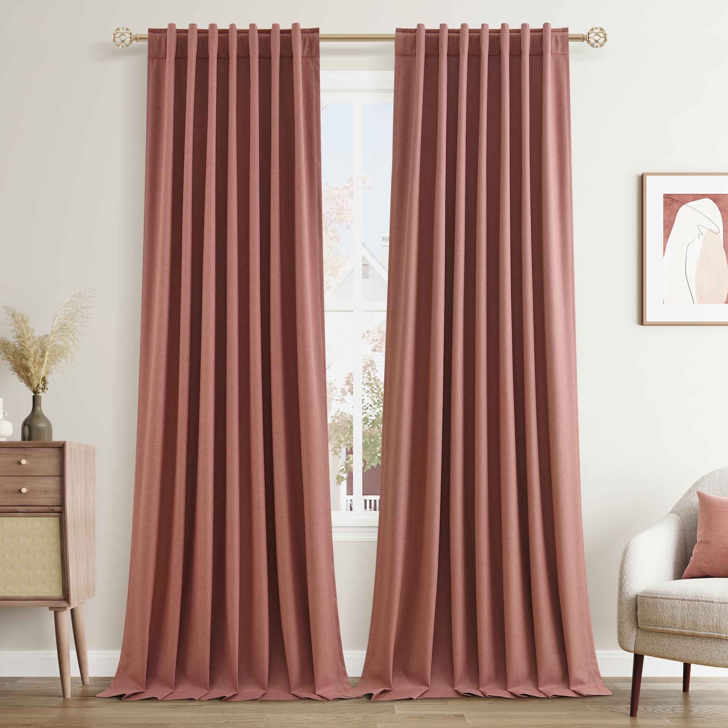 Dusty Rose 100% Blackout Linen Curtains 108 Inch Length 2 Panels Set for Girls Bedroom Back Tab Thermal Insulated Black Out Drapes Room Darkening Farmhouse Style for Bedroom Window Curtains 52x108