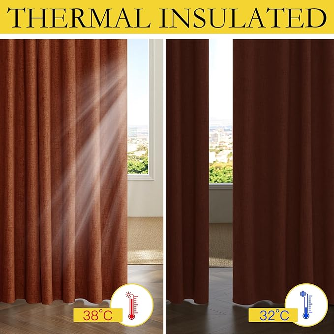 NICETOWN 100% Absolutely Blackout Linen Curtains with Thermal Insulated Grey Liner, 52" Wide, 2 Panels, 84 inches Long Drapes, Grommet Retro Burnt Orange Linen Vertical Drapes Privacy for Bedroom