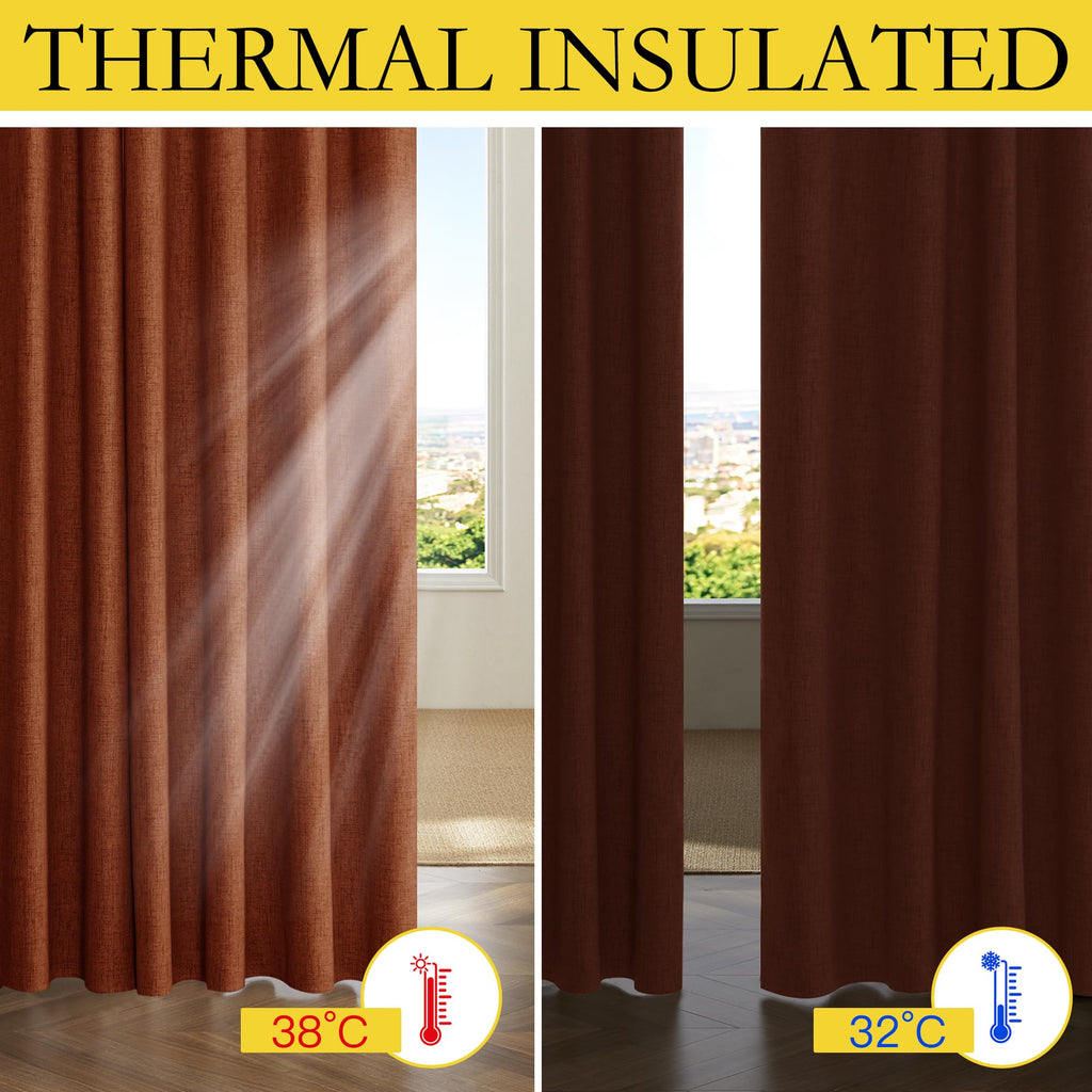 NICETOWN 100% Absolutely Blackout Linen Curtains with Thermal Insulated Liner, 62" Wide, 2 Panels, 63" Long Drapes, Grommet Retro Burnt Orange Linen Curtains Vertical Drapes Privacy for Kitchen