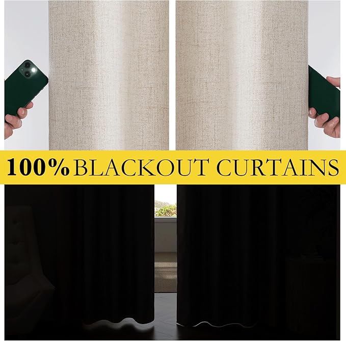 NICETOWN Oatmeal Vintage Open Linen Weave Flax Thermal Curtains, 100% Blackout Curtains 95" Long for Dining Room, Soundproof Window Treatment Drapes for Home Office, 62" Wide Per Panel, Set of 2