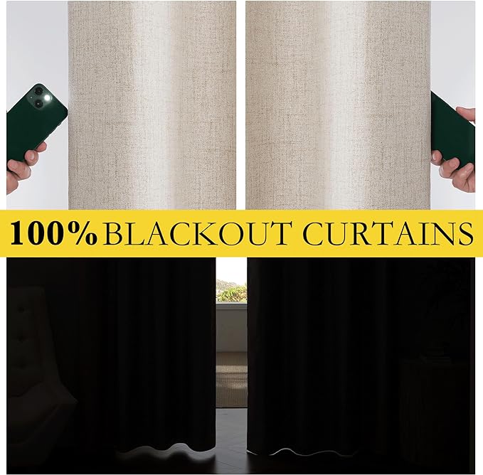 NICETOWN Farmhouse Style 100% Blackout Oatmeal Linen Curtains 90 inches Length, 2 Panels, 52" W, Room Cooling Window Draperies with Thermal Insulated Liners for Dining Room