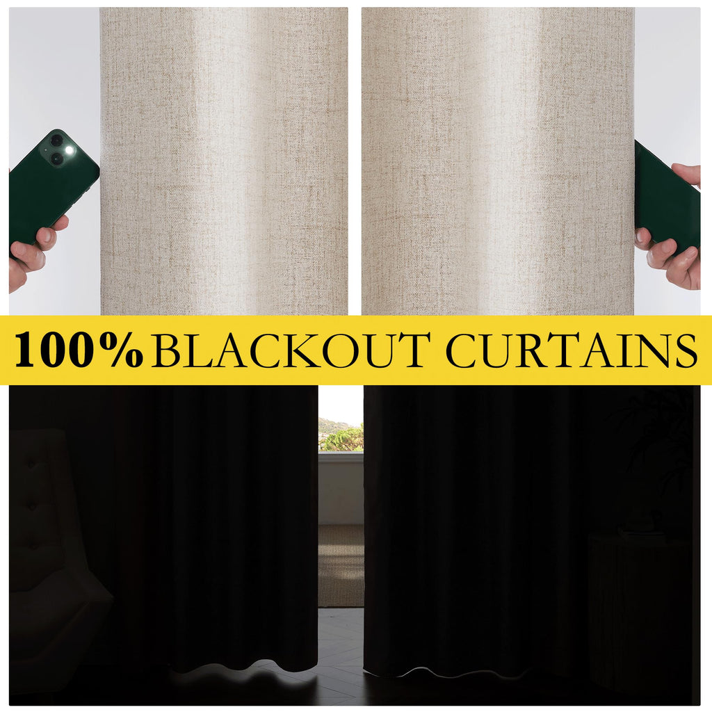 NICETOWN Farmhouse Style 100% Blackout Oatmeal Linen Curtains 90 inches Length, 2 Panels, 52" W, Room Cooling Window Draperies with Thermal Insulated Liners for Dining Room