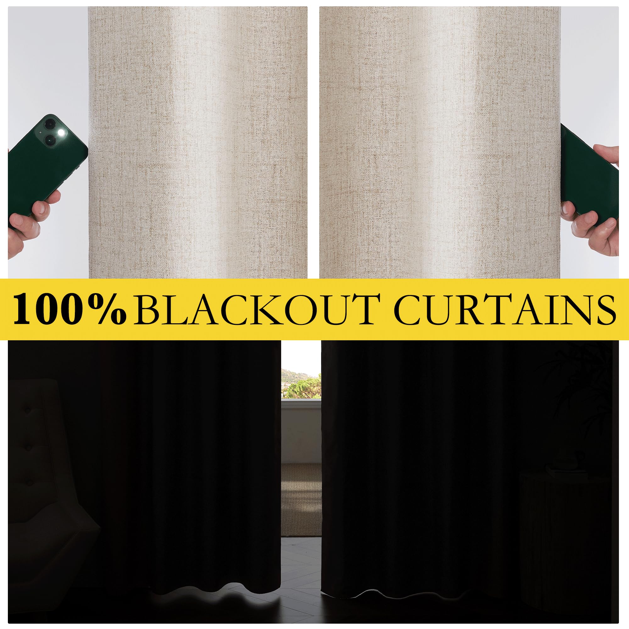 NICETOWN Oatmeal Vintage Open Linen Weave Flax Thermal Curtains, 100% Blackout Curtains 84" Long for Dining Room, Soundproof Window Treatment Drapes for Dining Room, 62" Wide Per Panel, Set of 2