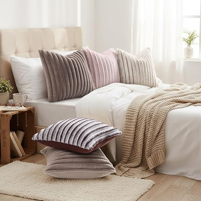 decorUhome Cozy Faux Fur Throw Pillow Covers 24x24 Set of 2 Decorative Soft Plush Striped Modern Farmhouse Boho Couch Euro Sham Pillow Cases with Velvet Back for Sofa Bed Living Room, Tan