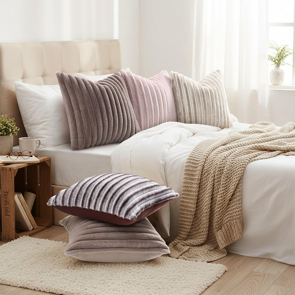 decorUhome Fall Faux Fur Throw Pillow Covers 18x18 Set of 2 Light Coffee