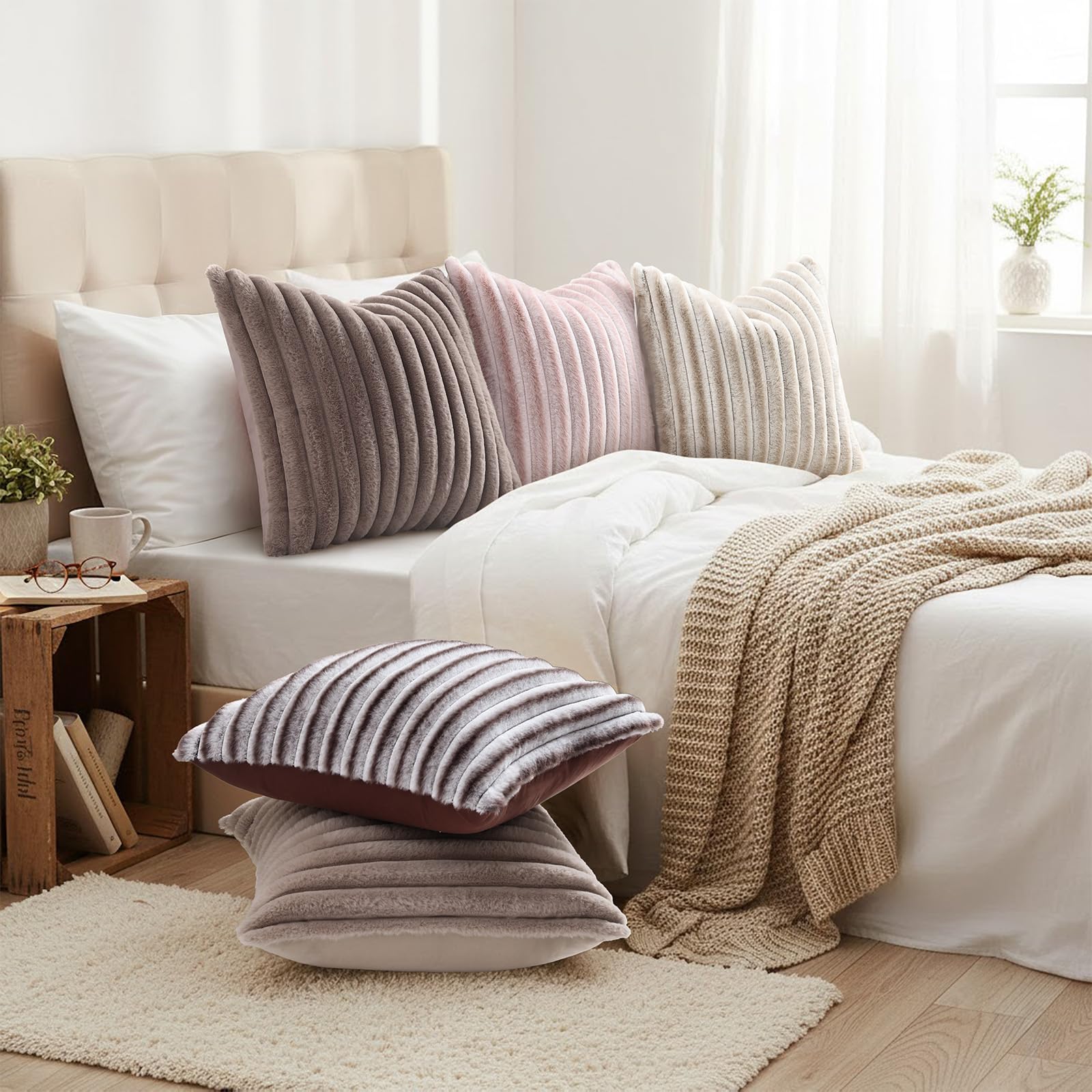 decorUhome Fall Faux Fur Throw Pillow Covers 18x18 Set of 2 Light Coffee