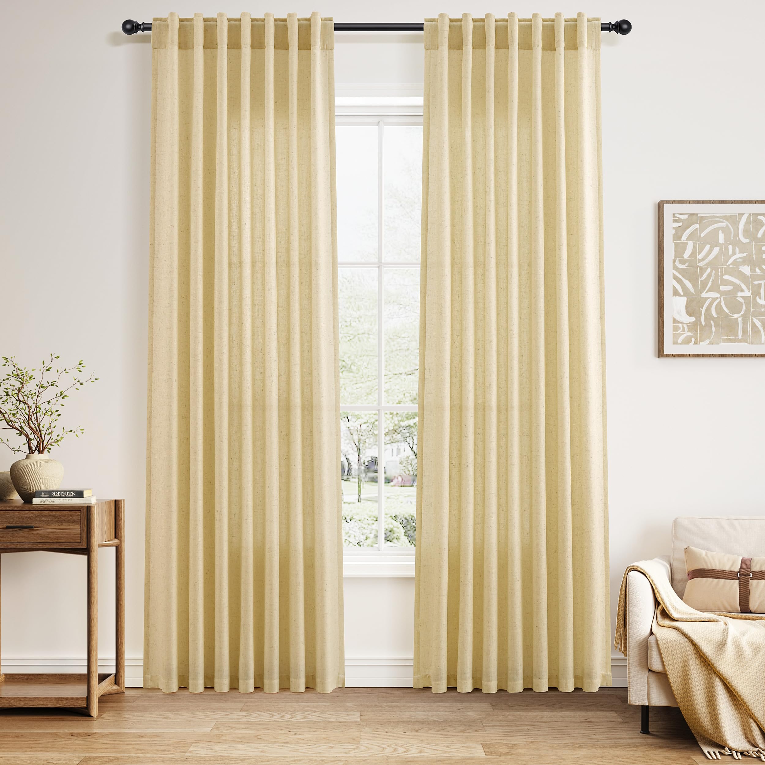 Nanspring Modern Farmhouse Curtains Linen for Living Room 84 Inches Long Cream Yellow Light Filtering Sheer Curtains Back Tab and Rod Pocket Privacy Curtain for Bedroom Office 52x84, 2 Panels