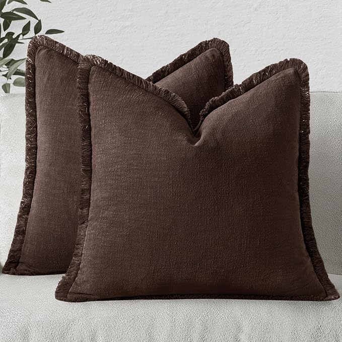 MIULEE Linen Fringe Decorative Fall Throw Pillow Covers Dark Brown 20x20