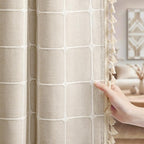 Boho Blackout White Plaid Curtains 84 Inch Beige Linen Blend Drapes with Tassels 2 Panels, Cotton Embroidered Farmhouse Curtains for Living Room Bedroom Rustic Vintage Decor