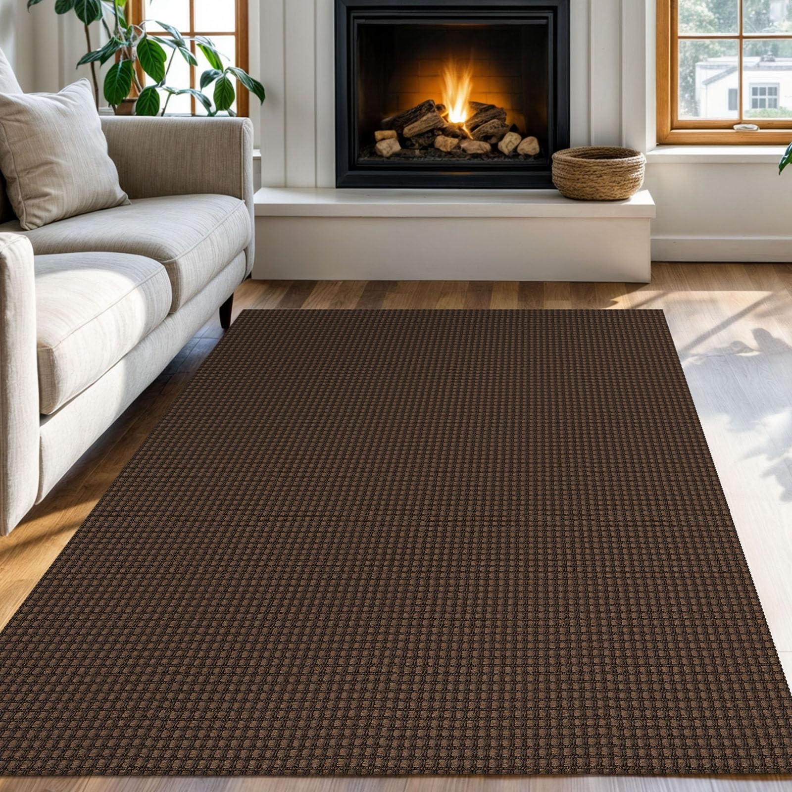 KOZYFLY Washable Area Rug 4x6 ft Non Slip Rubber Backed Living Room Rugs Braided Woven Cotton Kitchen Rugs Indoor Entryway Rug Floor Carpet for Dining Living Room Bedroom, Reddish Brown/Coffee