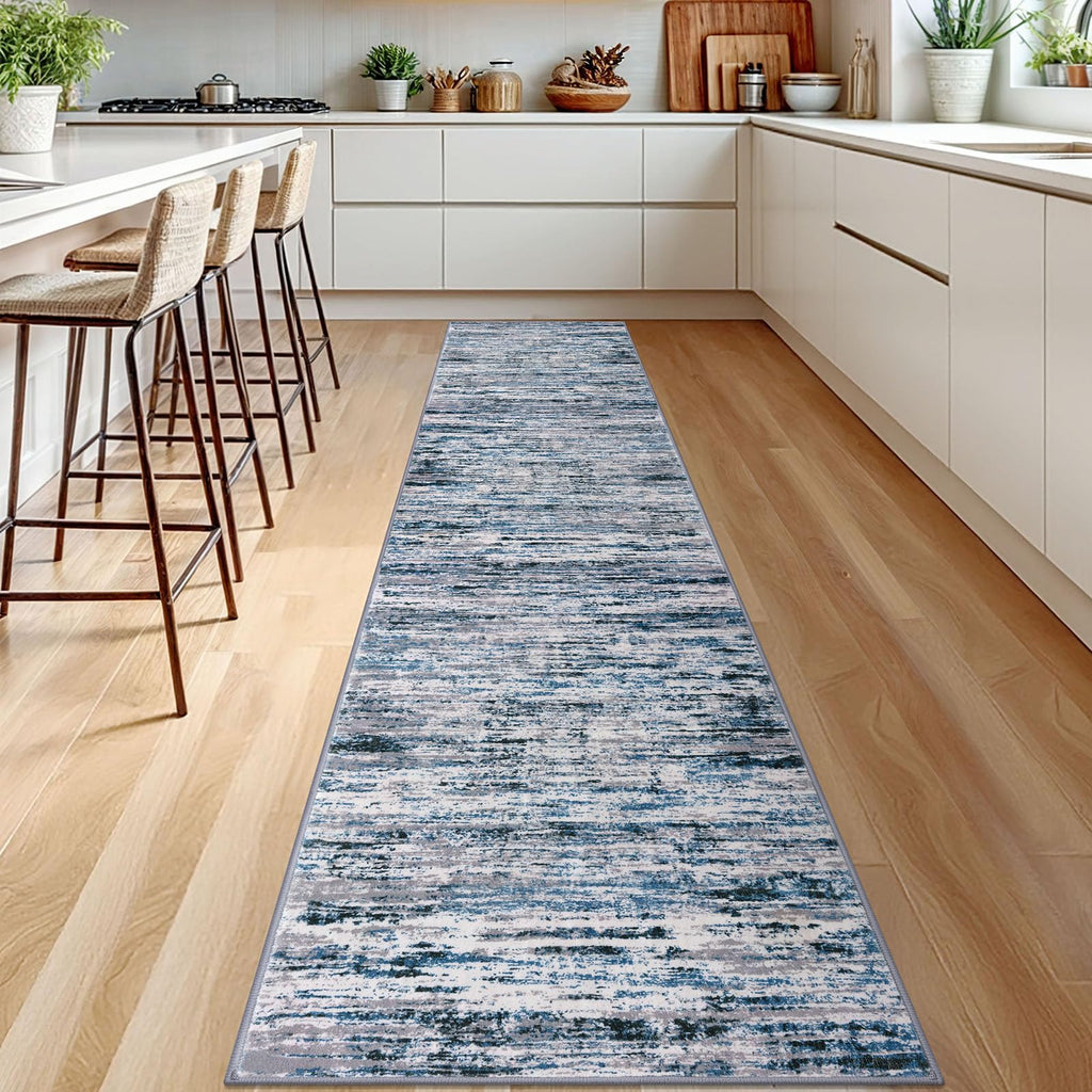 Lansny Modern Abstract Runner Rug 2.6x12, Grey Blue White Washable Long Kitchen Runner Non-Slip Soft Hallway Rug Runner Thin Print Faux Wool Carpet for Entryway Bedroom Laundry Room Indoor Home Decor