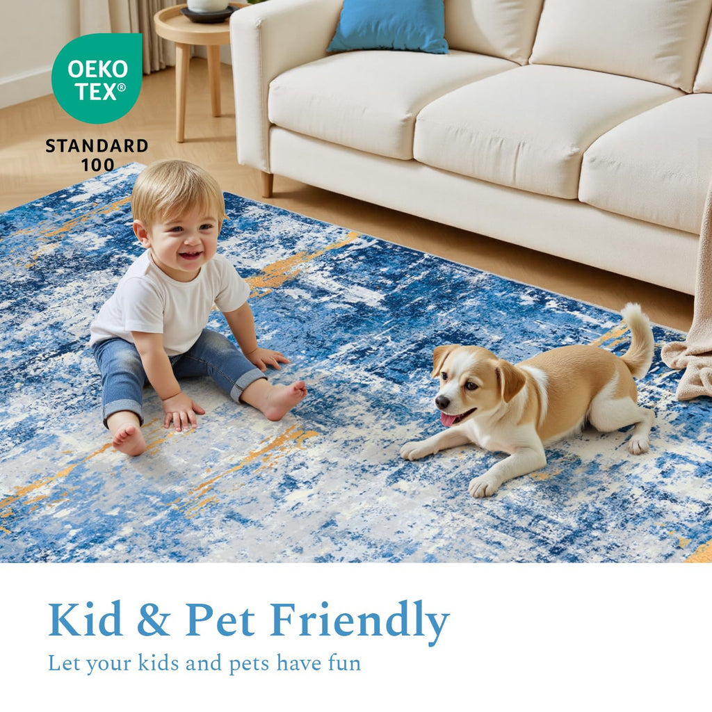 Rugflix 8x10 Area Rugs for Living Room, Washable Sky Blue Gold Large Rug