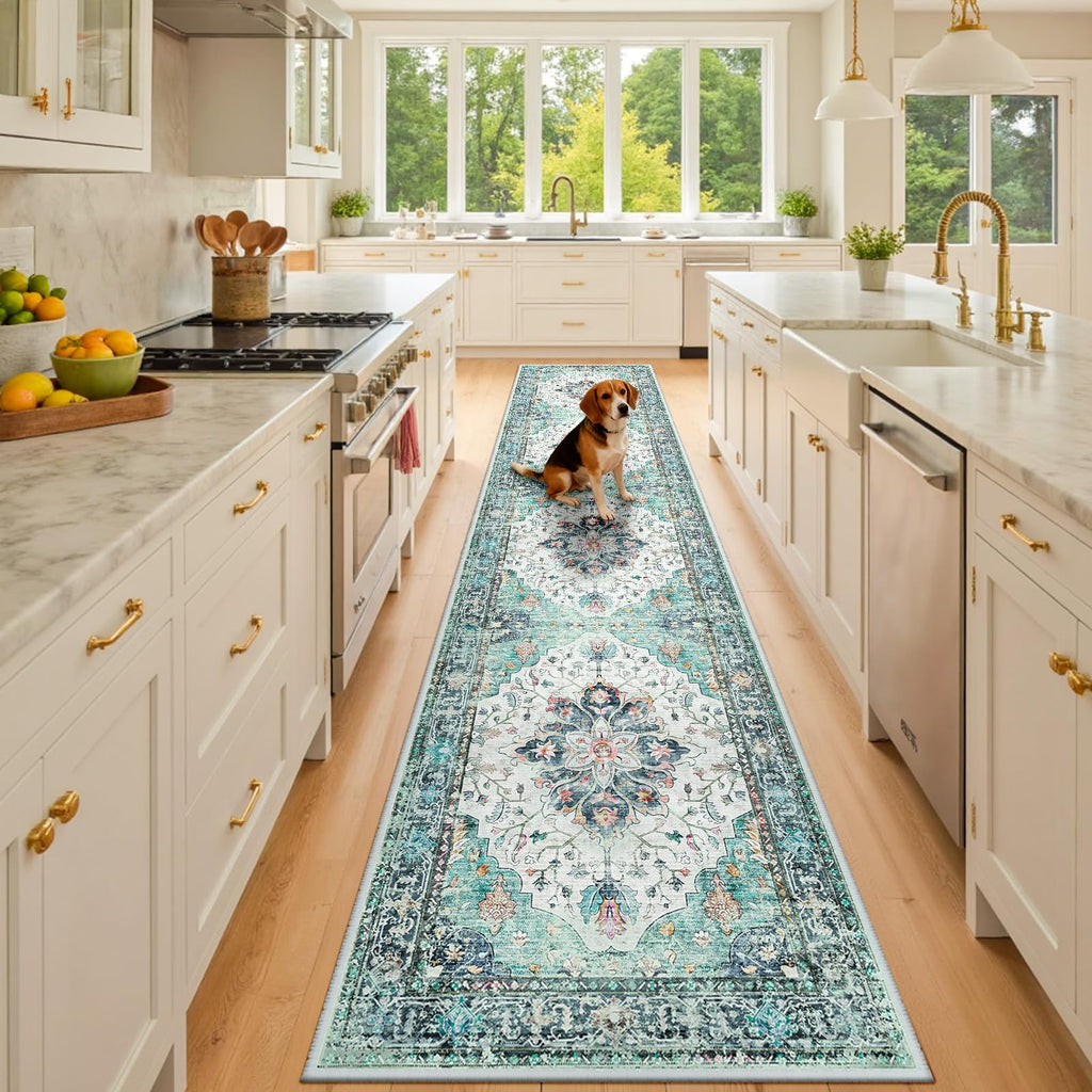 RELEANY Washable Area Rug, Runner 2'x10', Teal Green/White/Navy