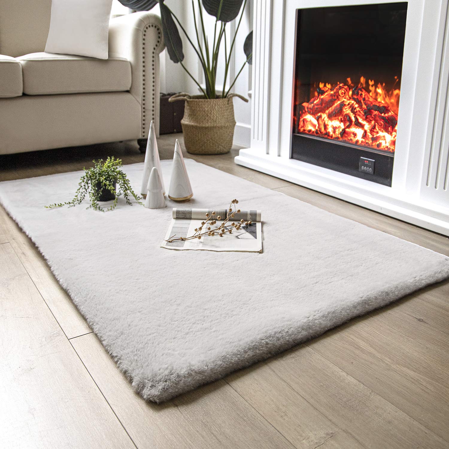 Ashler HOME DECO Ultra Soft Faux Rabbit Fur Chair Couch Cover Area Rug for Bedroom Floor Sofa Living Room Grey Rectangle 3 x 5 Feet