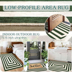 Modern Outdoor Rug - 28" x 43" Front Door Mat Indoor Outside Entrance Non-Slip Washable Outdoor Mat Green White Border Striped Rug for Entryway Kitchen Bedroom Layered Doormat for Front Porch