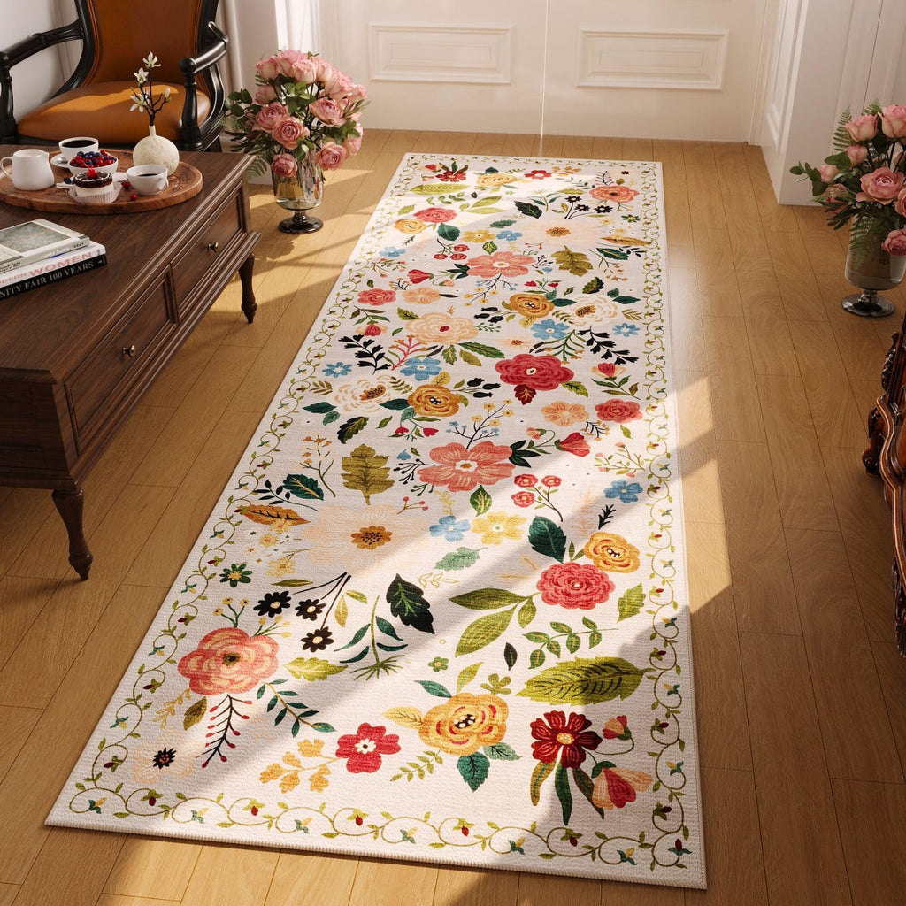 Rugcomf Washable Kitchen Runner 2'7"x12' - Floral Long Hallway Runner Rug Non Slip, Boho Carpet for Entryway, Hall, Bathroom - Beige