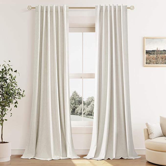 Extra Long 100% Blackout Linen Curtains for Bedroom 106 Inches Long Natural Cream Black Out Curtain Back Tab Thermal Insulated Room Darkening Window Drapes for Living Room 2 Panels Beige Ivory 52x106