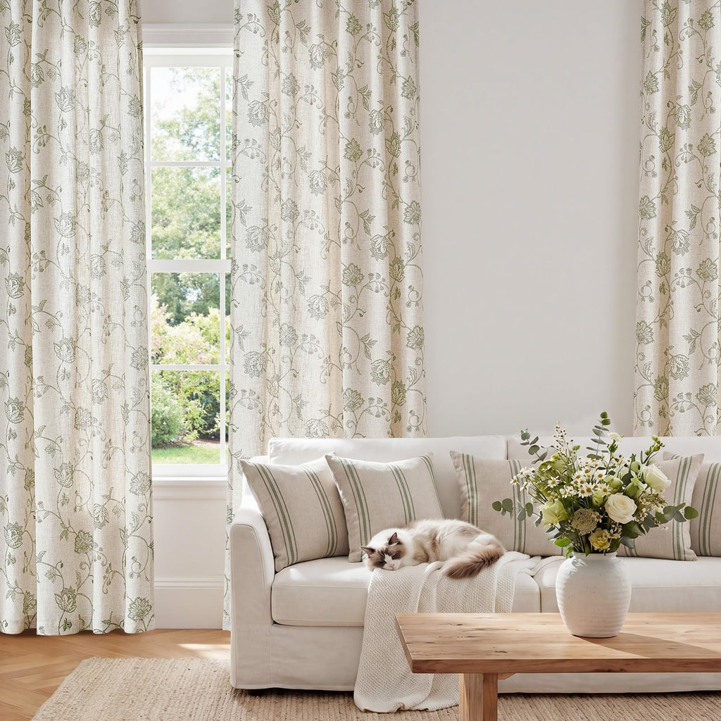 jinchan Linen Curtains Floral Curtain 84 Inch Length for Living Room Bedroom Light Filtering Rod Pocket Back Tab Jacobean Curtains Flax Linen Texture Window Drapes Set 2 Panels Green on Linen