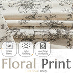 jinchan Floral Linen Lined Curtains for Living Room 84 Inches Long Farmhouse Printed Back Tab Drapes French Country Black Peony Patterned Bedroom Window Curtains Set 2 Panels