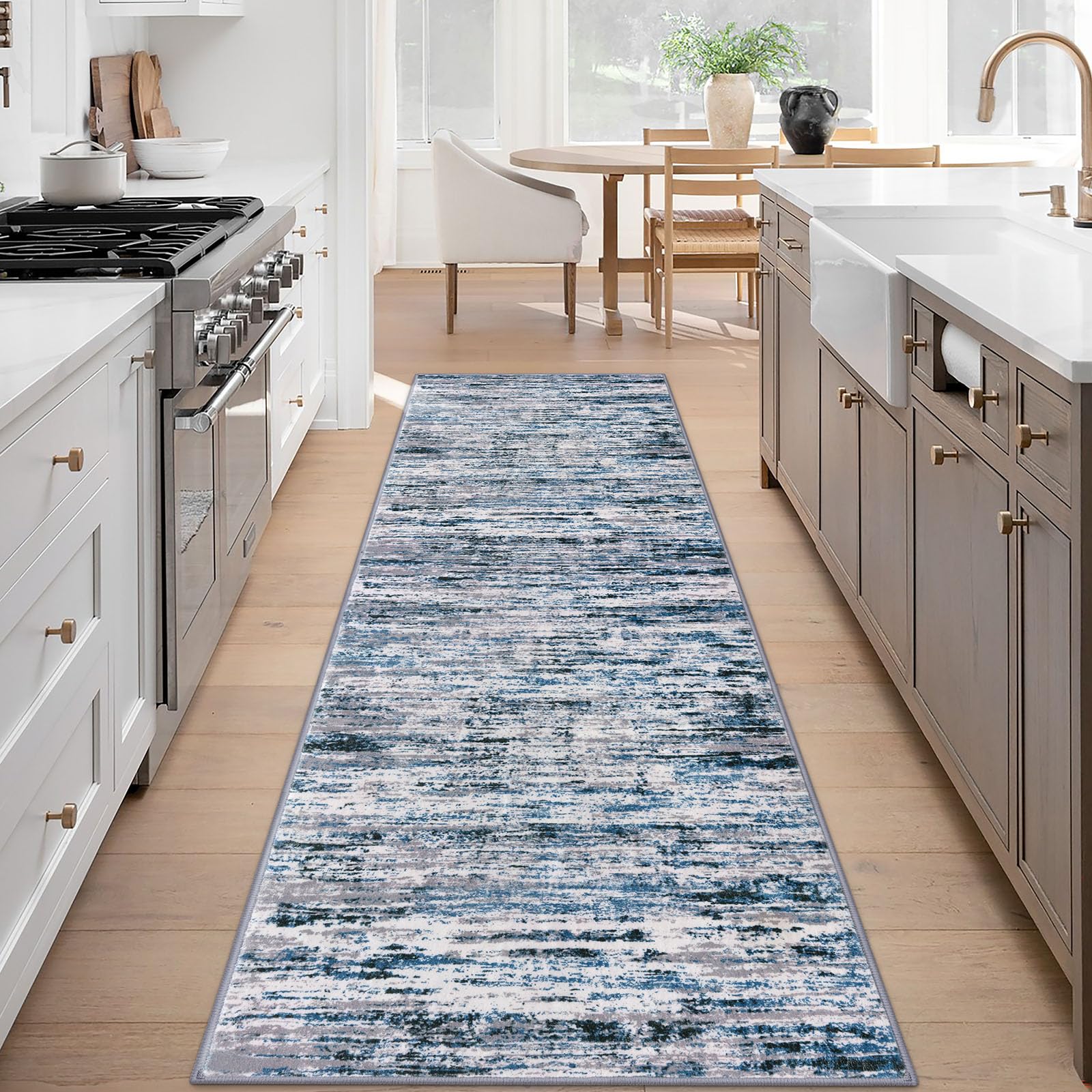 Lansny Modern Abstract Runner Rug 3x8, Grey Blue White, Washable Kitchen Runner Non-Slip Soft Hallway Rug Thin Print Faux Wool Carpet for Entryway Bedroom Laundry Room Indoor Home Office Decor