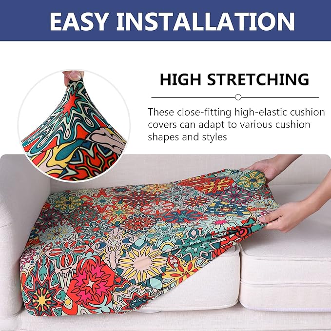 hyha Printed Couch Cushion Covers, Floral Sofa Covers Washable for 2 Cushion Couch, Stretch Pattern Outdoor Cushion Covers for Patio Furniture with Elastic Bottom(Medium, Diamond Mandala)