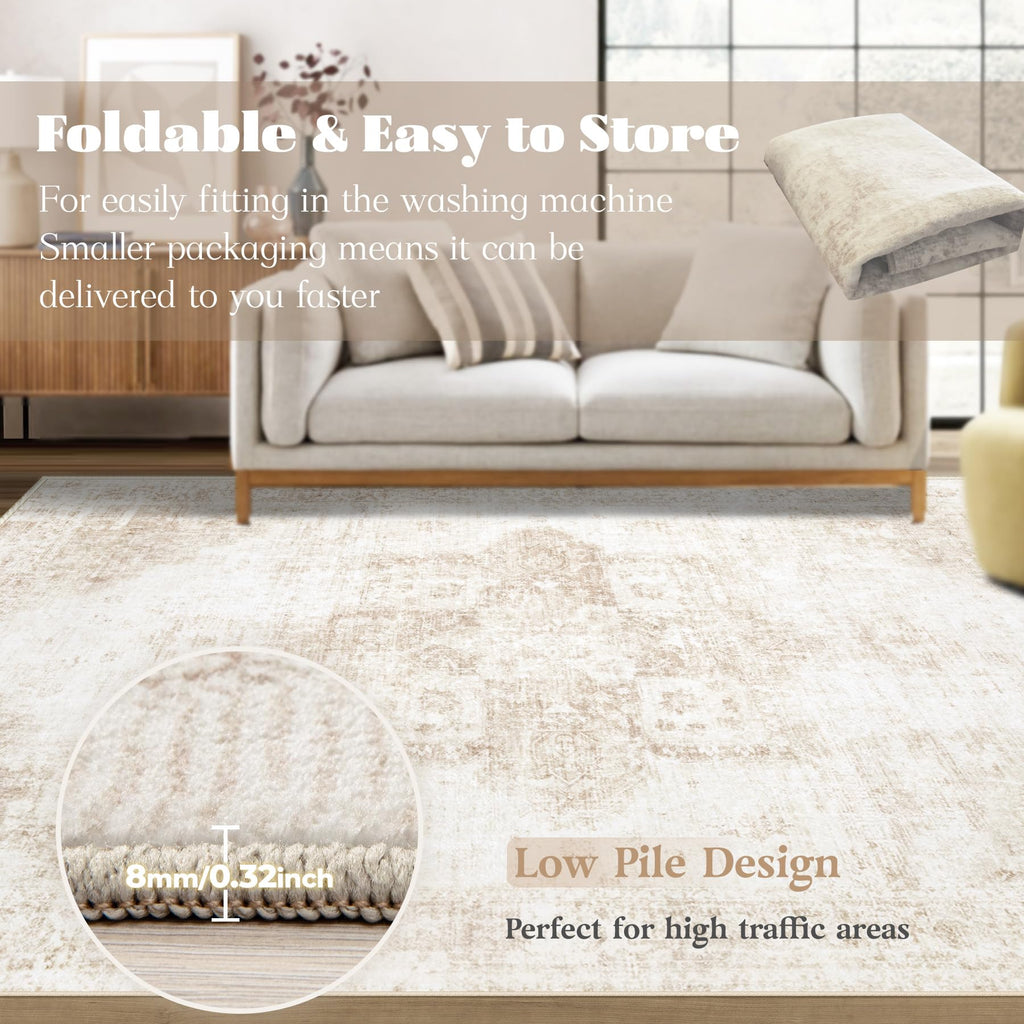 VECARF Area Rug 3x5 Washable Rug, Vintage Boho Medallion Entryway Rug Non-Slip Soft Low Pile Small Distressed Floor Carpet Retro Doormat for Kitchen Bedroom Laundry Bathroom Hallway (Beige, 3'x5')
