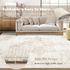 VECARF Area Rug 3x5 Washable Rug, Vintage Boho Medallion Entryway Rug Non-Slip Soft Low Pile Small Distressed Floor Carpet Retro Doormat for Kitchen Bedroom Laundry Bathroom Hallway (Beige, 3'x5')