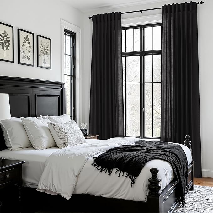 Vintage Black Linen Curtains 102 Inches Long for Living Room Light Filtering Semi Sheer Curtain Back Tab Floor to Ceiling High Window Gothic Vintage Decor Drapes for Bedroom Office 52x102,2 Panels