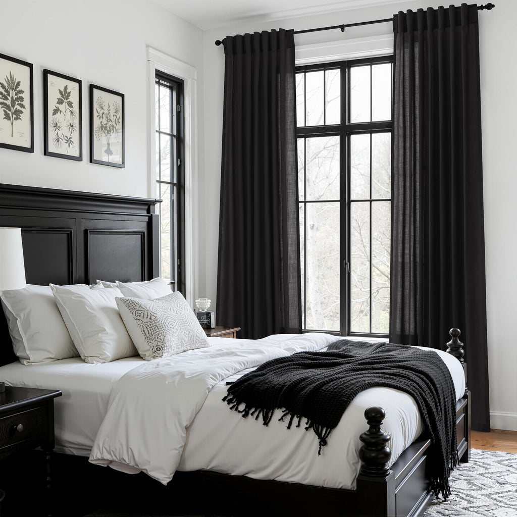 Vintage Black Linen Curtains for Living Room 72 Inches Long Light Filtering Semi Sheer Curtain Back Tab and Rod Pocket Privacy Luxury Gothic Vintage Decor Drapes for Bedroom Office 52x72, 2 Panels