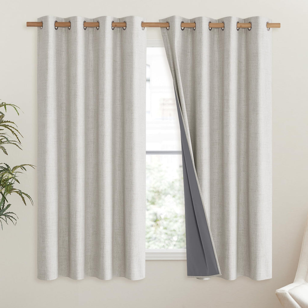 NICETOWN Snowbound Vintage Linen 100% Blackout Curtains for Living Room, Thermal Insulated Curtains 48" Long, Noise Reducing Window Treatment Drapes for Hall Room, 52" Wide Per Panel, Set of 2