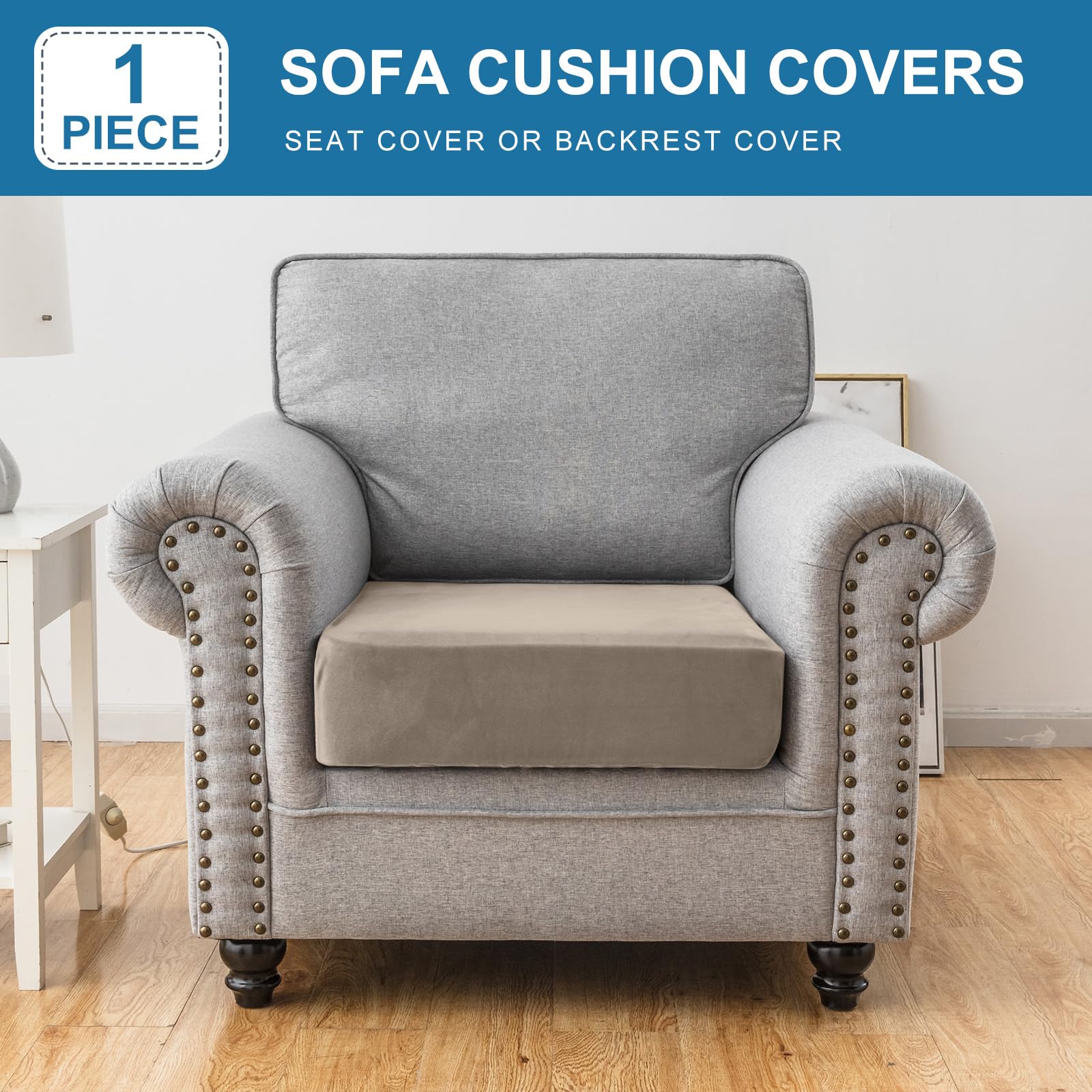 Taque Couch Cover Stretch Velvet Sofa Cushion Cover 1-Piece - Elastic Washable Slipcover for Seat or Backrest, Couch Seat Covers for Sofas (Taupe)