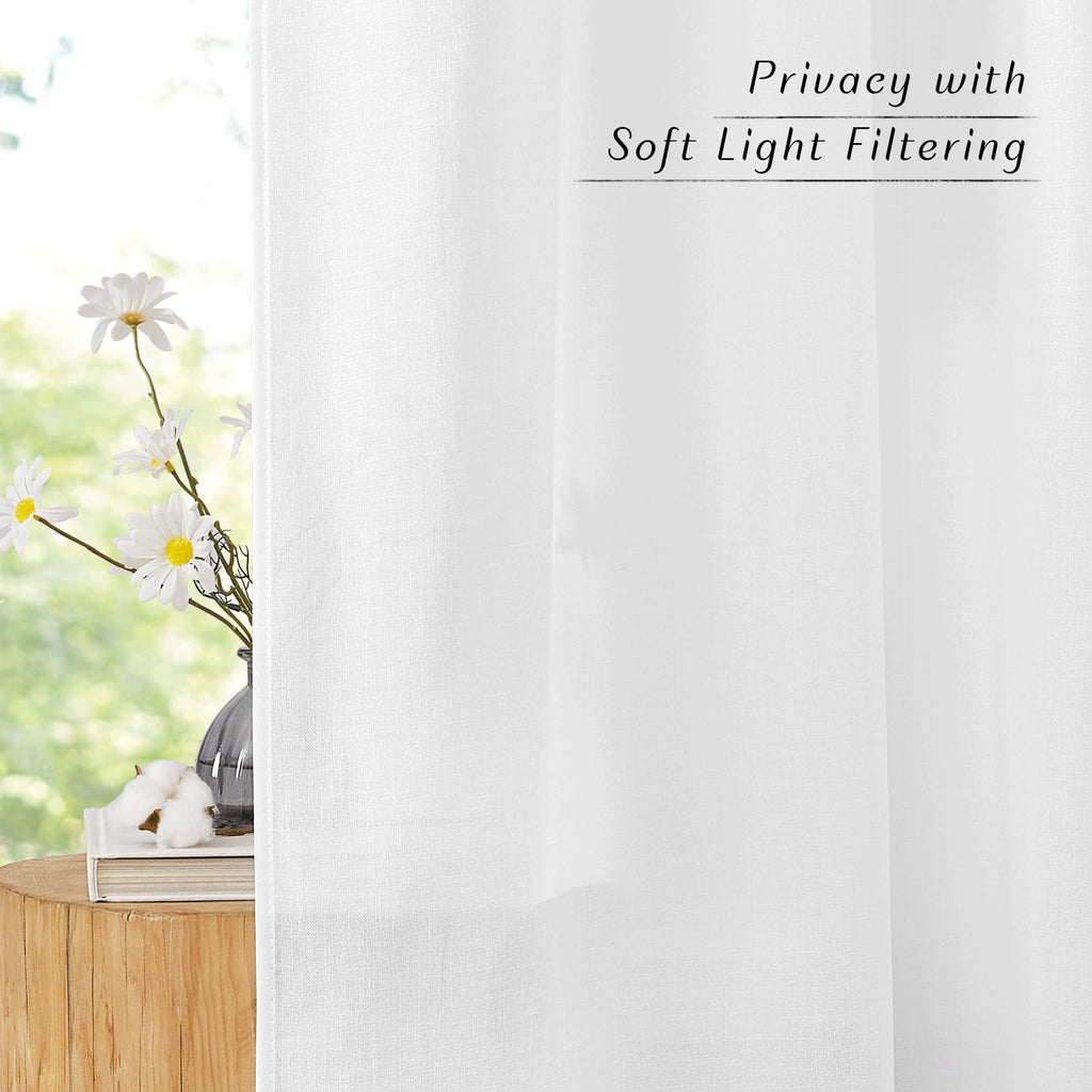 NICETOWN Linen Flax Semi Sheer Curtains 92" Length, Grommet Window Treatments Privacy Added with Light Penetration Vertical Drapes for Loft/Home Office, White, W55 x L92, 2 Panels