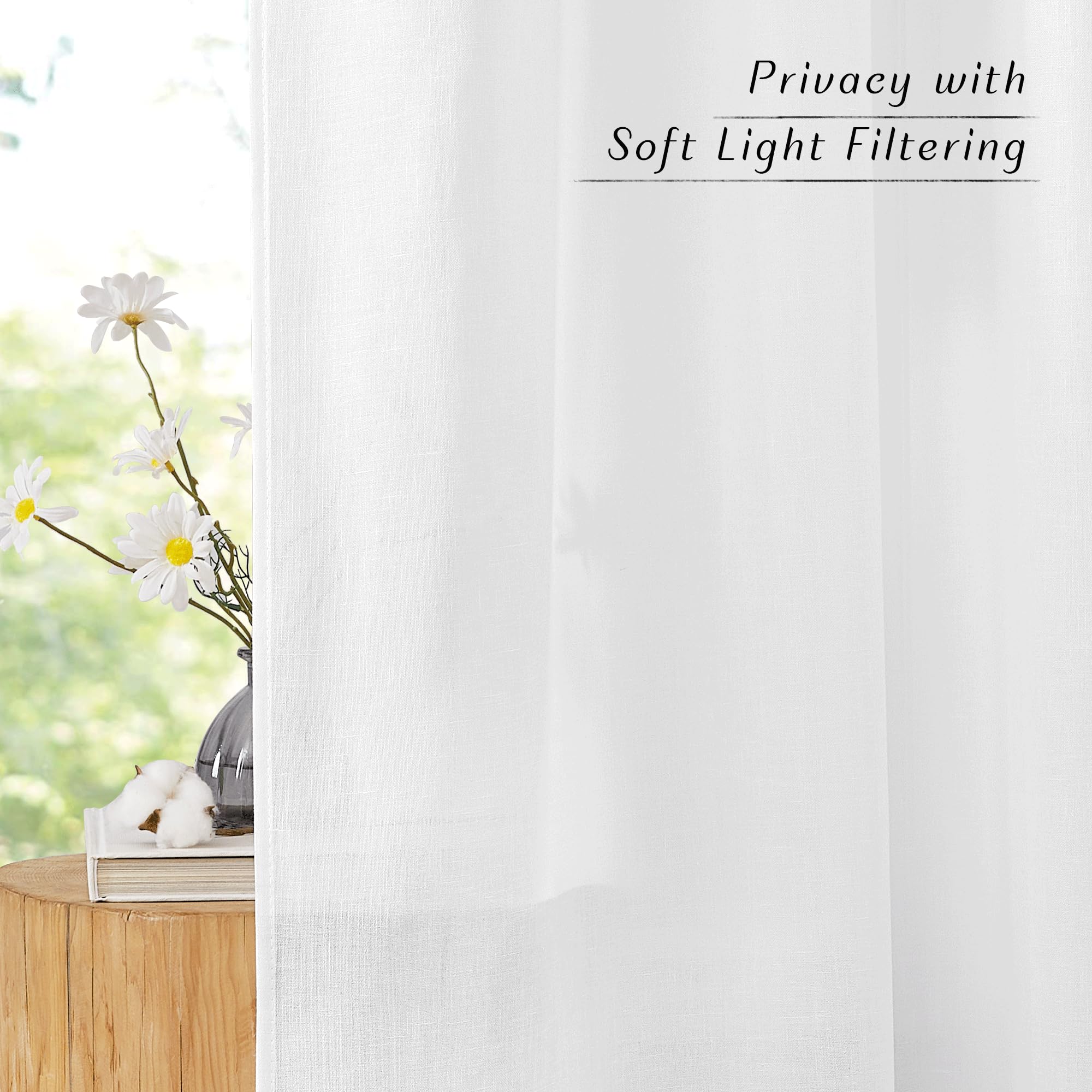 NICETOWN Linen Flax Semi Sheer Curtains 92" Length, Grommet Window Treatments Privacy Added with Light Penetration Vertical Drapes for Loft/Home Office, White, W55 x L92, 2 Panels
