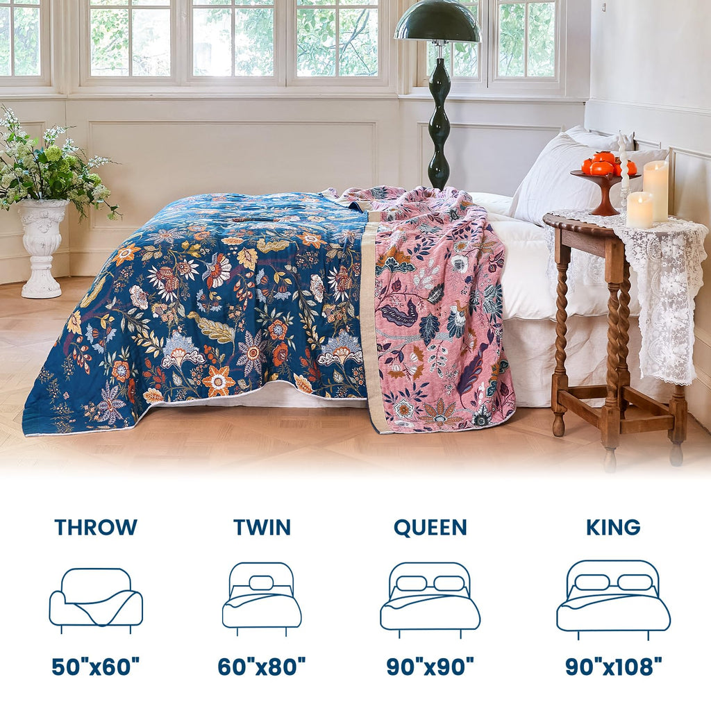 MSGKV Boho Throw Blanket 50"x60" Summer Cotton Blue Floral Throw for Couch