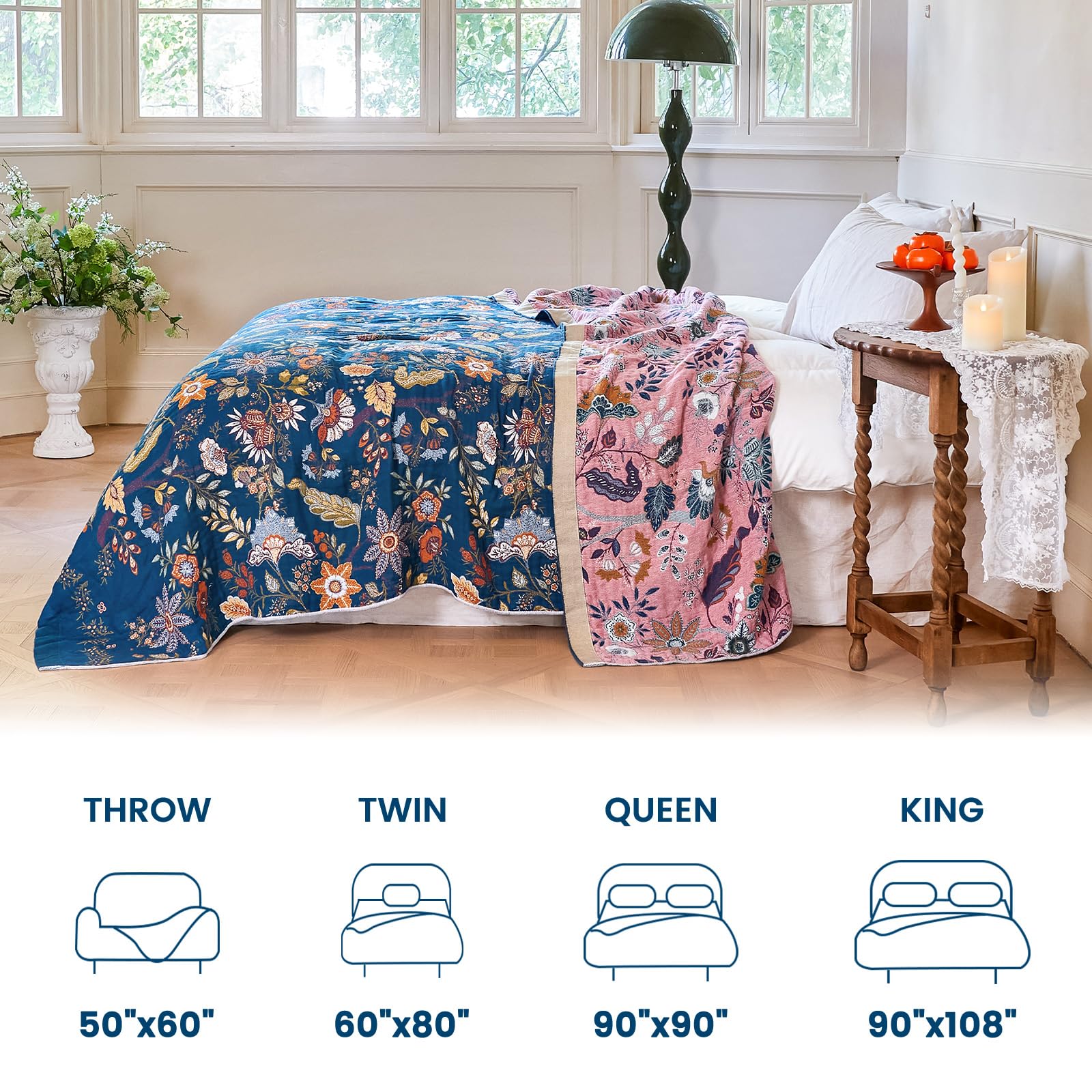 MSGKV Boho Throw Blanket 50"x60" Summer Cotton Blue Floral Throw for Couch
