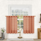 LAMIT Short Linen Window Curtains 30 Inches Long 2 Panels, Terracotta Semi Sheer Light Filtering Panels Back Tab and Rod Pocket Fall Drapes for Basement/Small Windows, 34 x 30 Inch