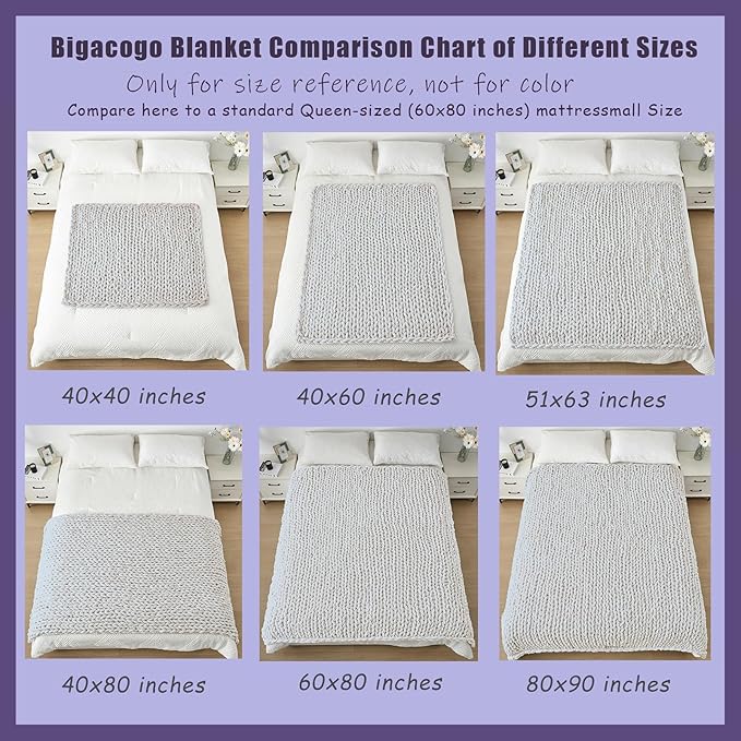 Bigacogo Chunky Knit Throw Blanket for Couch, 40x60 inches, 100% Hand Knitted with Thick Jumbo Chenille Yarn, Cozy Soft Large Rope Knot Cable Crochet Blankets for Sofa Bed Living Room, Ivory