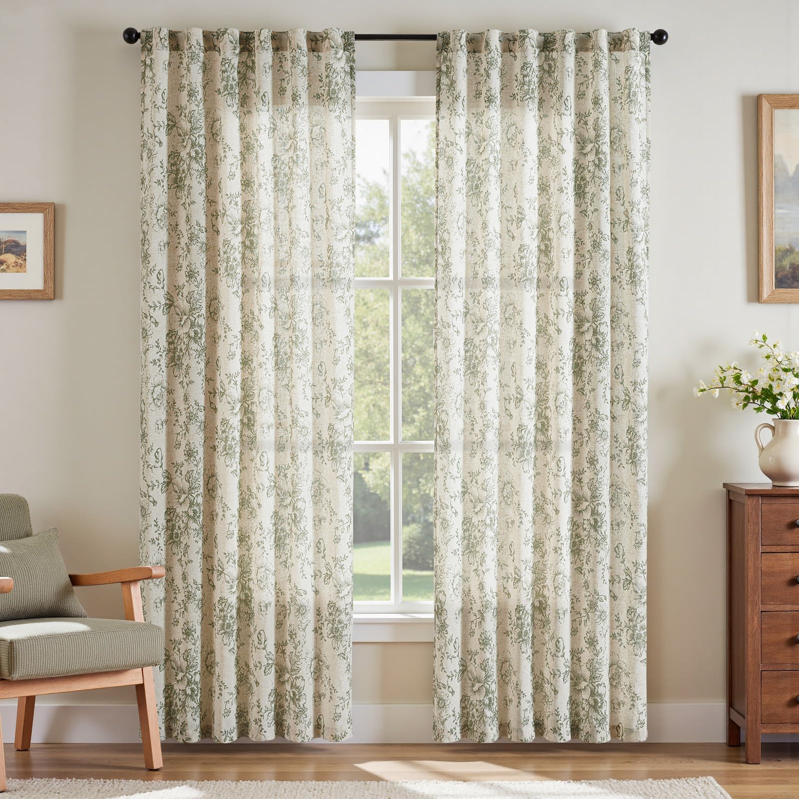 jinchan Vintage Floral Linen Curtains 90 Long for Living Room 2 Panels
