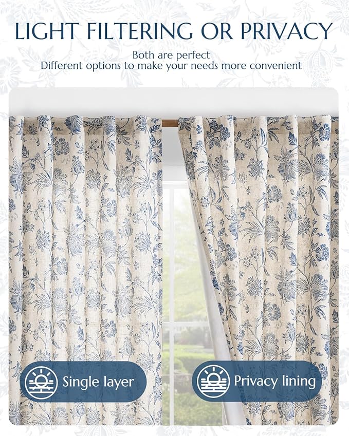 jinchan Lined Linen Floral Curtains for Living Room, 84 Inch Length Printed Flower Farmhouse Patterned French Country Back Tab Blue Window Drapes Set Privacy Bedroom Curtains, 2 Panels