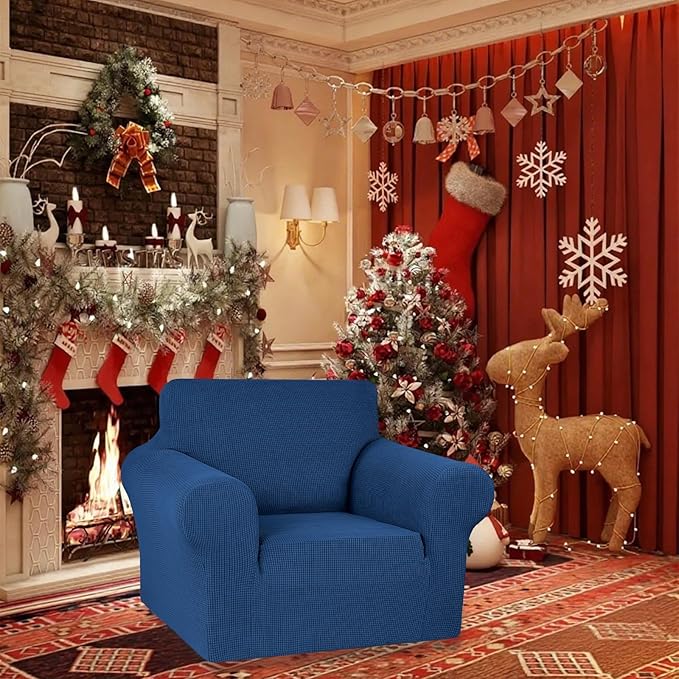 KEKUOU Stretch Single Sofa Slipcover 1 Piece Couch Sofa Cover (31"-55") Furniture Protector 1 Seater Sofa with Elastic Bottom for Kids,Pet.Jacquard Small Checked Pattern Fabric(Small,Classic Bluel)