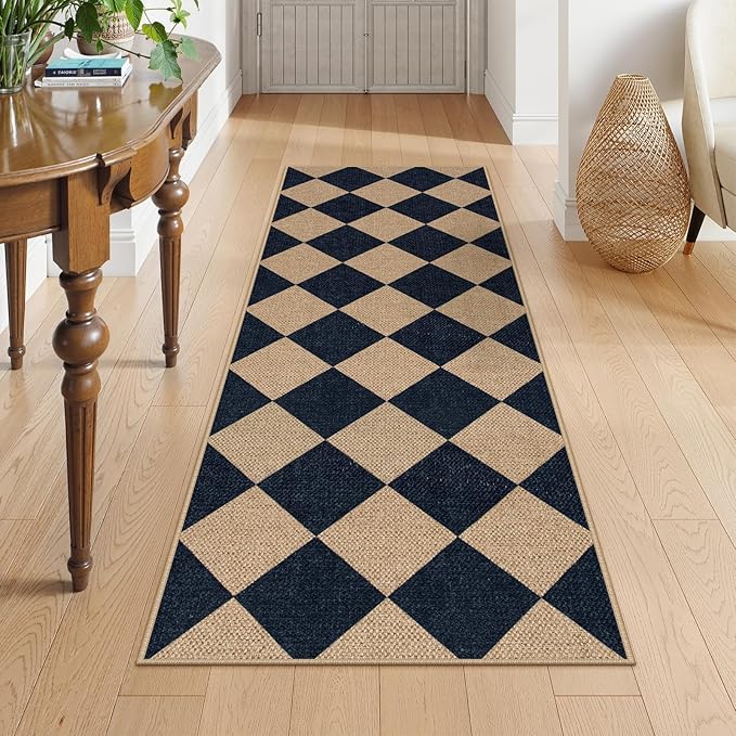 Lahome Checkered Easy Jute Non Slip Runner Rug, 2x6 Kitchen Runner Rug Washable Outdoor Rug for Entryway Indoor, Checkerboard Black Indoor Outdoor Carpet for Hallway 6ft Entry Front Door