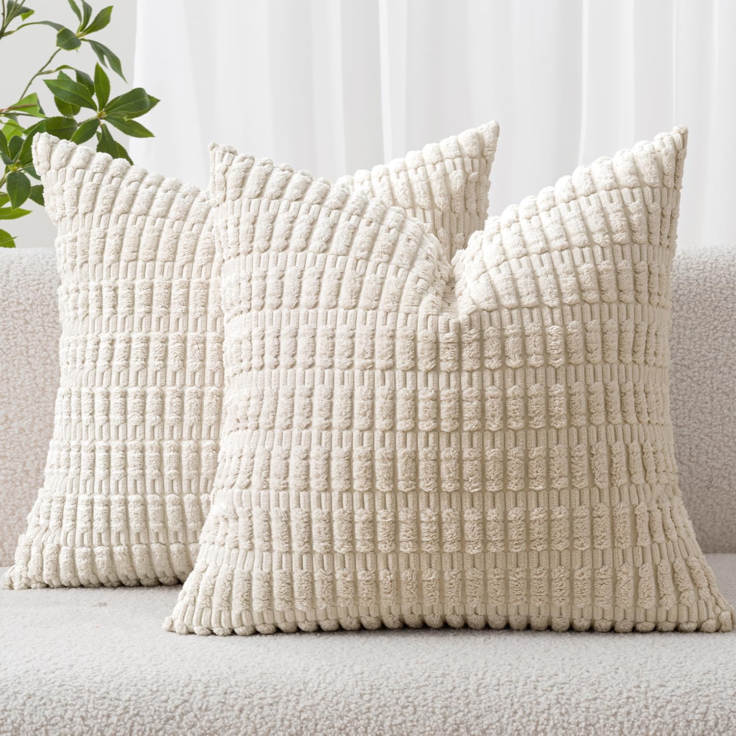 MIULEE Corduroy Decorative Throw Pillow Covers 16x16 Cream White Pack of 2