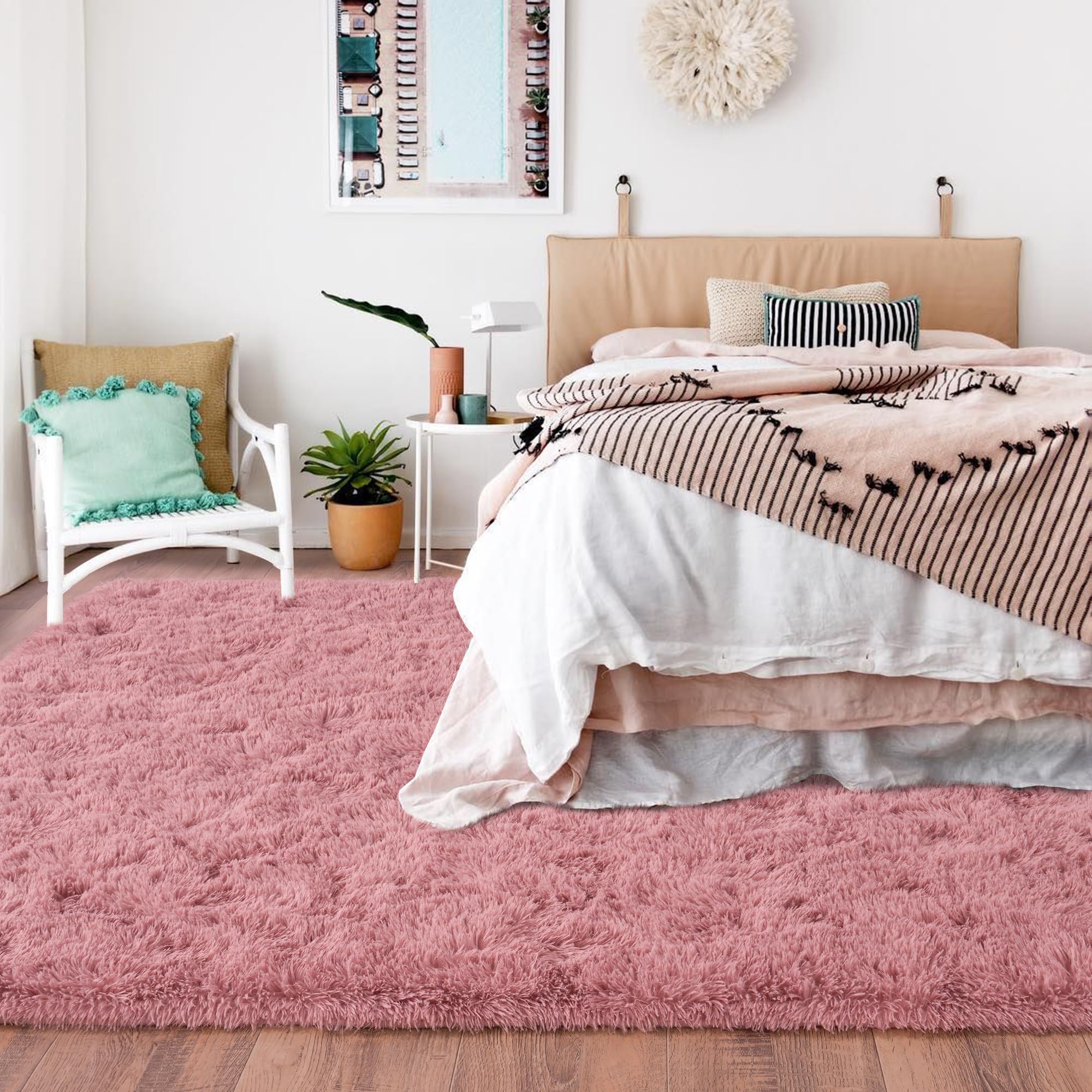 Quntue Rugs for Living Room 8x10, Soft Shaggy Modern Shag Area Rug for Bedroom, Upgrade Non-Slip Plush Fluffy Carpet for Kids Boys Girls Room Home Decor Aesthetic, Blush